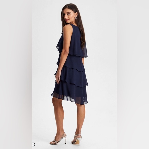 SIGNATURE TESSA Sleeveless Layered Cocktail Dress Size 14W Navy Rhinestone Party - Picture 3 of 14